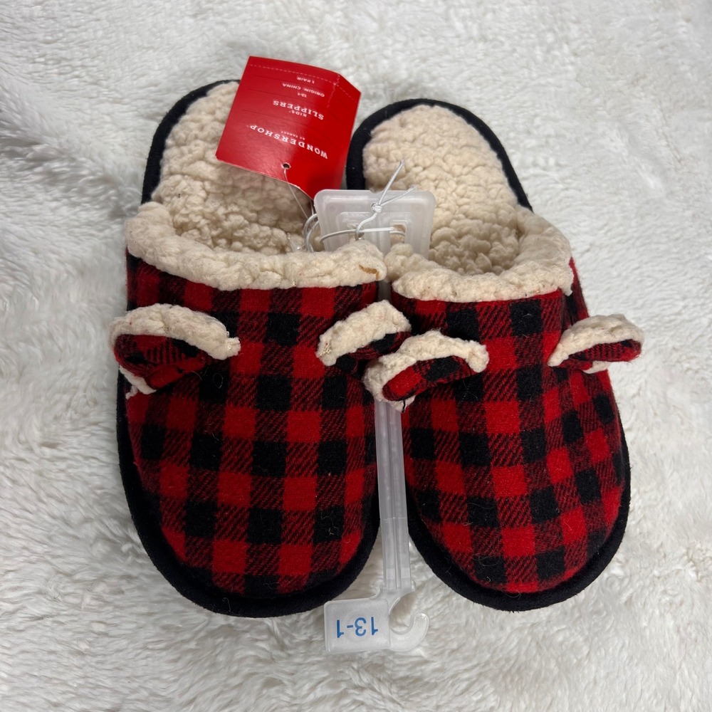 WonderShop Kids Slippers Red Black Buffalo Plaid Sherpa Lined Cozy Size 13-1 NWT